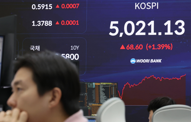 23일 코스피는 장중 역대 최고치인 5021.13을 기록했다.연합뉴스