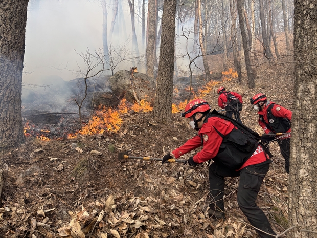 22일 오후 경남 함양군에서 발생한 산불 현장에서 산림청 산불재난특수진화대원이 방화선을 구축하며 산불 진화 작업에 총력을 기울이고 있다. 사진 제공=산림청