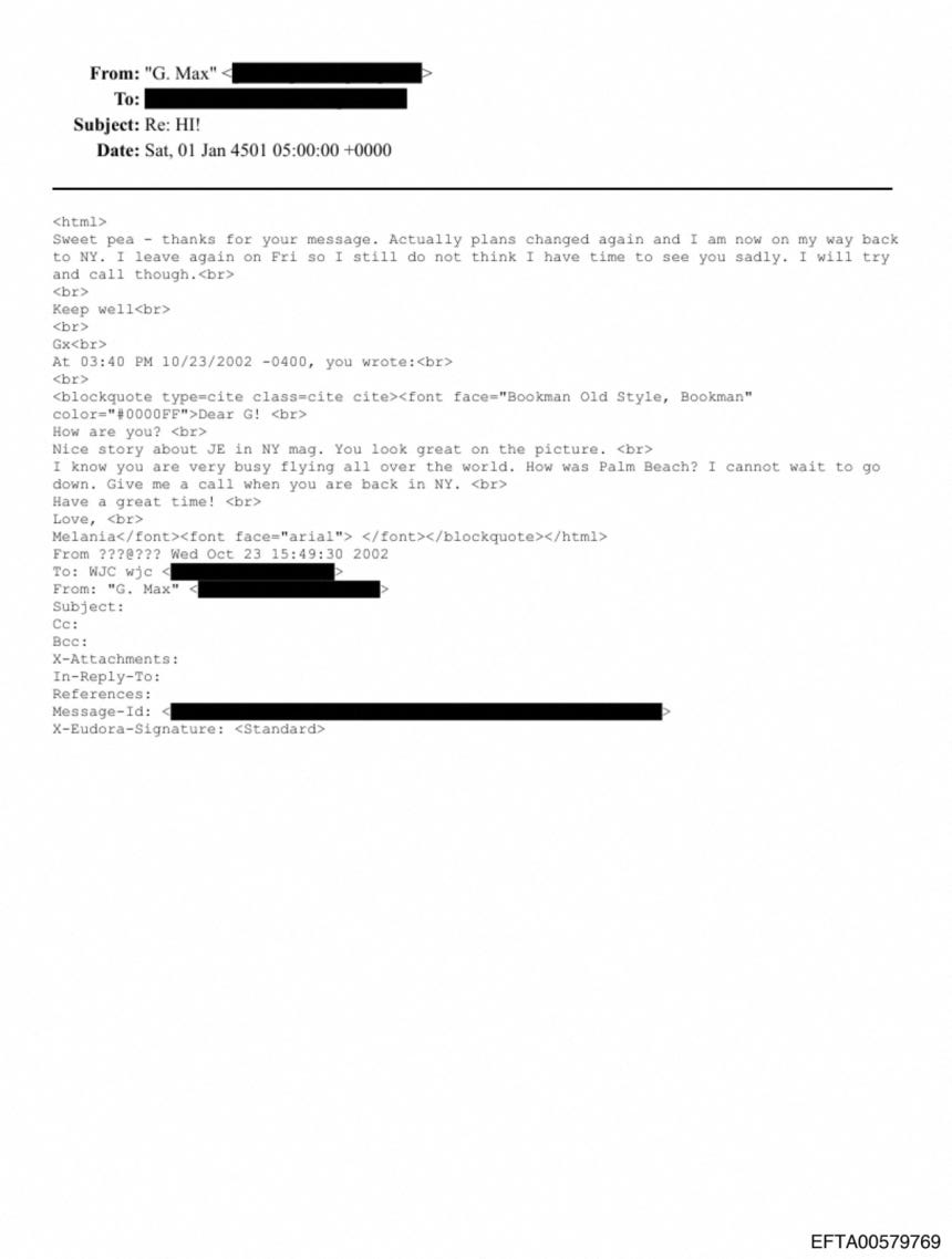 미 법무부가 올해 초 공개한 수백만 페이지의 엡스타인 수사 문건에 포함된 e메일. 멜라니아 여사가 맥스웰에게 보낸 것으로 보인다. 로이터연합뉴스