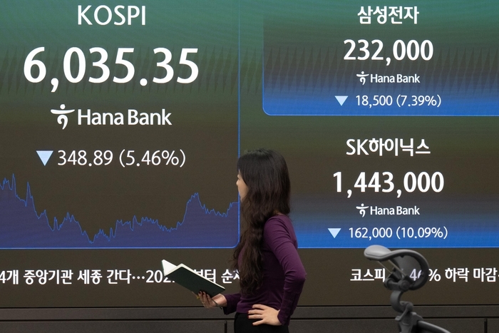 인공지능(AI) 인프라 투자 둔화 우려로 코스피가 하락세를 보인 13일 서울 중구 하나은행 본점 딜링룸에 코스피, 코스닥, 원・달러 환율이 표시되고 있다. 이날 급락하며 장중 한때 프로그램 매도 호가 일