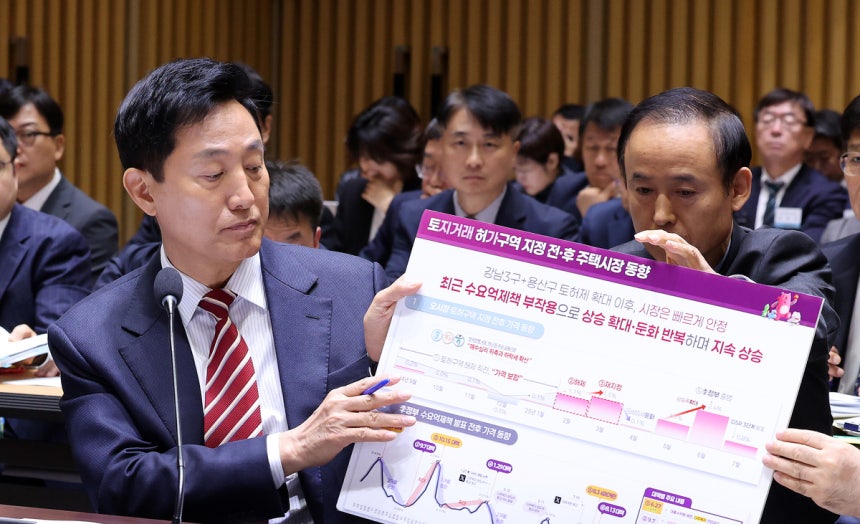 오세훈 서울시장이 19일 서울 중구 서울시청에서 열린 국회 국토교통위원회의 서울시 국정감사에서 장종태 의원에 질의에 답하며 “부동산 시장이 마치 이미 움직이고 우상향할 때 해제한 것처럼 질문했는데 그래프를 보면 아니