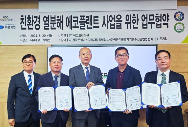 Từ trái sang, Lee Yong-jik, Giám đốc điều hành của Bareun Enterprise, Woon-je Cho, Chủ tịch Hiệp hội Vận chuyển và Thu gom Chất thải Thực phẩm Hàn Quốc, Lee Man, Chủ tịch Hiệp hội Tái chế và Giảm thiểu Khí nhà kính Hàn Quốc, Beom-geun Jeon, Giám đốc điều hành của EcoCreation Co., Ltd., và Chan-moon Choi, Chủ tịch Bareun Enterprise. Được cung cấp bởi EcoCration