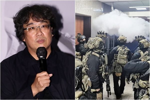 봉준호 영화감독, 윤석열 대통령이 지난해 12월 3일 저녁 비상계엄을 선포한 가운데 4일 밤 서울 국회의사당에서 계엄군이 국회 본청으로 진입하고 있다. 사진=연합뉴스