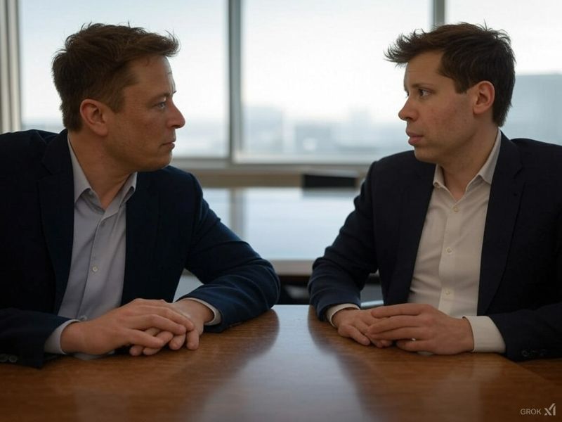 일론 머스크 테슬라 최고경영자(CEO)와 샘 올트먼 오픈AI CEO. 이미지 생성=xAI 그록(Grok)