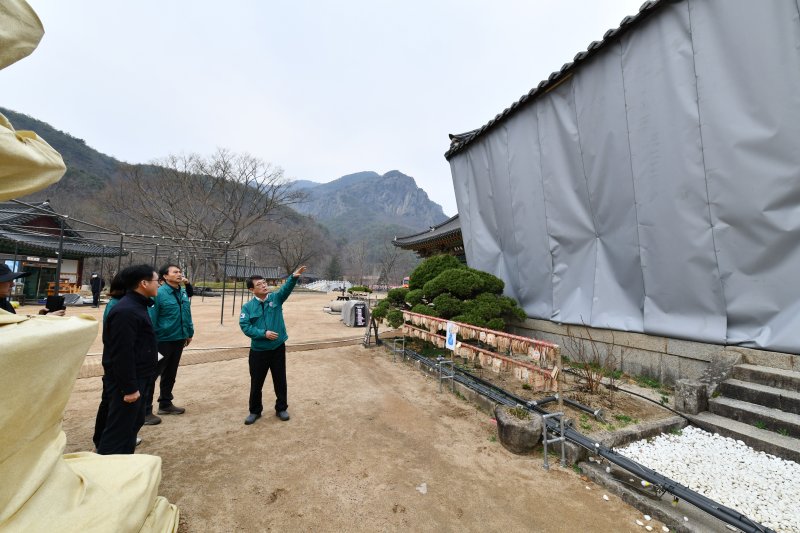 최응천 국가유산청장(오른쪽)이 지난 3월 28일 오후 경상북도 청송군 소재 사찰인 대전사를 방문해 산불 대비 방염포 작업을 한 보물 '청송 대전사 보광전'을 관계자들과 함께 점검하고 있다.국가유산청 제공