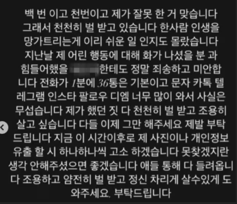 '인천 송도 11년생 학폭 영상'속 가해 학생이 쓴 것으로 추정되는 사과문./사진=인스타그램,<a href=