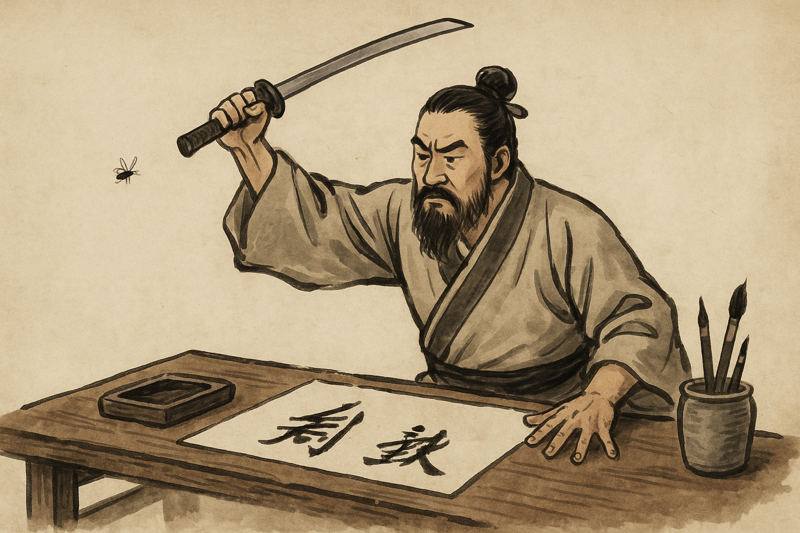 견문발검(見蚊拔劍)이나 노승발검(怒蠅拔劍)은 아주 사소한 일에 크게 대응을 한다는 의미로 아주 작은 일에도 너무 크게 화를 내면서 큰 노력을 기울이는 태도를 비유하는 말이다.챗GPT에 의한 AI생성 이미지.