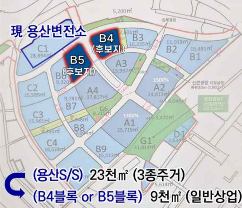 용산국제업무지구 내 용산변전소가 이·신설될 후보지 B4블록과 B5블록 위치도.사진=한전 '용산변전소 이전부지 복합개발 기본구상 용역 시행안'