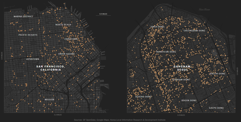 NYT가 샌프란시스코와 서울 강남에문을 연 카페들을 주황색으로 표기한 지도. /자료=SF오픈데이터·구글맵스·한국지역정보개발원, 사진=뉴욕타임스