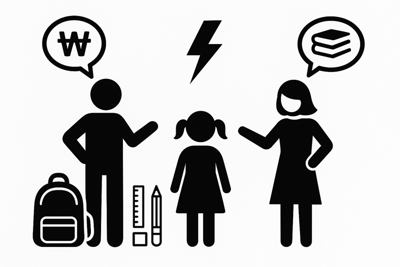 자녀의 초등학교 입학을 앞두고 학용품과 책가방 등 입학 준비 예산에 이견을 보이는 부부의 갈등을 AI로 이미지 생성./사진=챗GPT