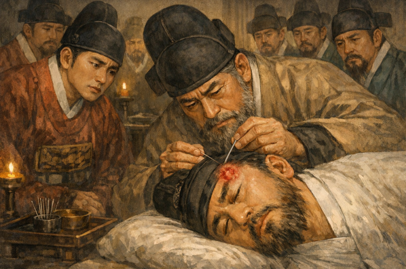 효종때 침의(鍼醫) 신가귀는 수전증이 있었다.그는 효종에게 종기를 째는 침을 놓은 후 출혈이 멎지 않아 효종은 결국 사망하게 되었고,신가귀 또한 교형에 처해졌다.챗GPT에 의한 AI생성 이미지.