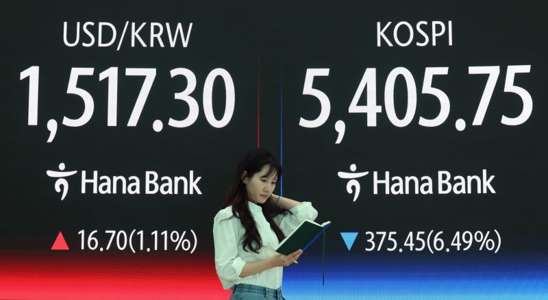 중동전쟁 확전 공포에 23일 코스피지수는 전 거래일보다 6.49%(375.45p) 급락한 5405.75, 코스닥은 5.56%(64.63p) 하락한 1096.89로 각각 장을 마감했다. 서울 외환시장에서 원·달러 환율