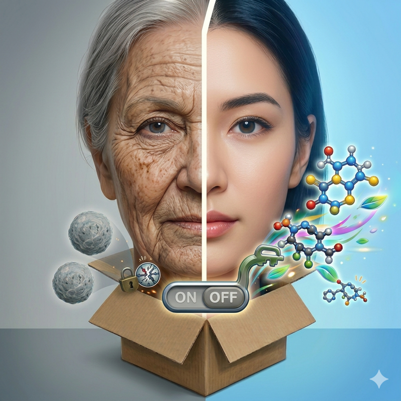 건국대 조쌍구 교수팀이 개발한 신물질 'AC-4067'이 줄기세포의 '노화 스위치(DDR1)'를 꺼서 젊음을 되찾는 모습을 시각화했다. 늙은 피부(왼쪽)가 분자 열쇠로 스위치를 'OFF'로 전환하자 생기 넘치는 피부