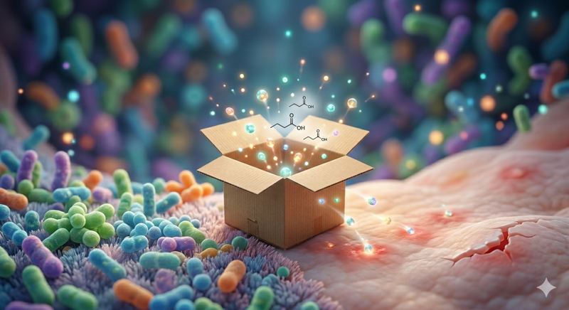 대장 내부의 염증 부위를 정확히 찾아가 치료 성분을 터뜨리는 '이눌린-부틸레이트 나노겔'의 스마트한 배달 과정을 친숙한 택배 상자 이미지로 시각화했다. 딱딱한 논문의 틀을 깨고 나온 나노 알약이 손상된 장벽을 수리하