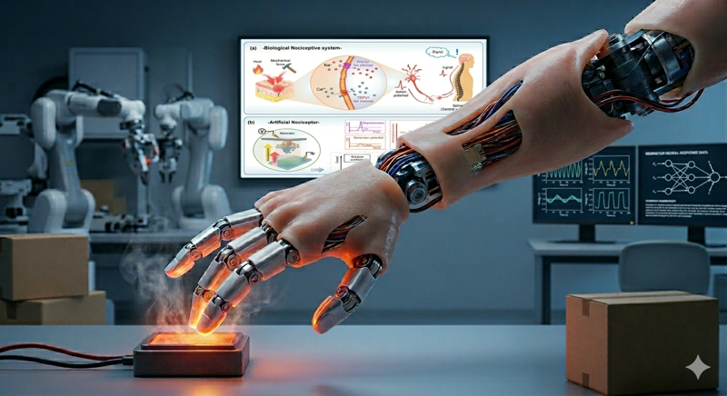 로봇 팔이 뜨거운 물체 위에 손을 얹고 열을 감지하며 온도 변화를 정밀하게 살피고 있다.손가락 끝에서 모락모락 피어오르는 수증기는 로봇 피부에 통합된 센서가 높은 열을 예민하게 감지하고 있음을 직관적으로 보여준다.