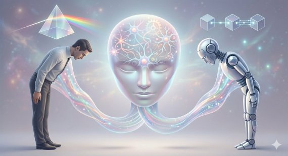 인간 상담원과 AI 챗봇이 나란히 고개를 숙여 사과하고 있는 모습으로,이 시각적 대비는 서비스 실패 상황에서 소비자가 인간에게는 도덕적 진심을,AI에게는 기술적 완벽함을 기대한다는 연구 결과를 직관적으로 설명하고