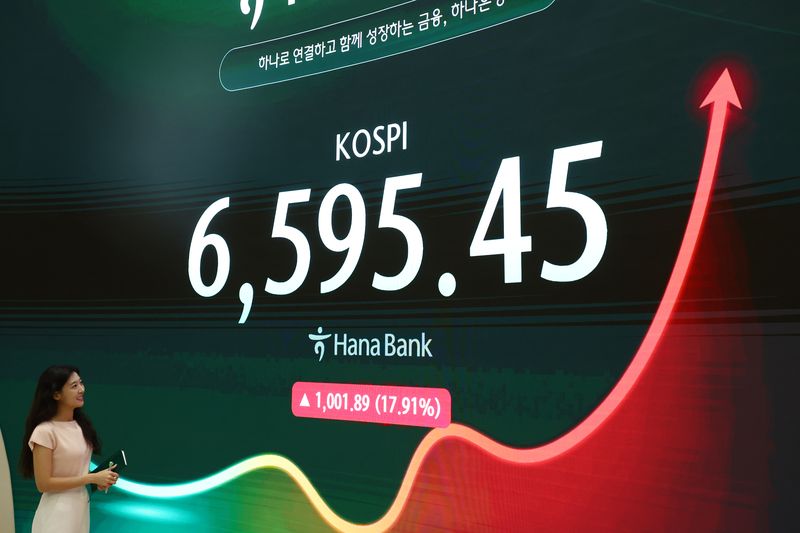 코스피가 17.91% 오른 6595.45에 마감한 지난달 31일 서울 하나은행 딜링룸에서 딜러들이 업무를 보고 있다.코스닥은 11.63% 오른 719.76에 마감됐다./사진=뉴시스