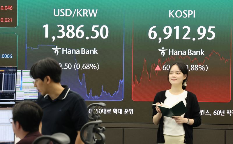 21일 서울 중구 하나은행 딜링룸 전광판에 코스피, 원 달러 환율 종가가 표시돼있다. 이날 코스피는 전 거래일 대비 60.37포인트(0.88%) 오른 6912.95에 거래를 마쳤다. 연합뉴스