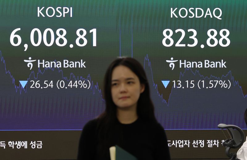 코스피 또 하락 14일 서울 중구 하나은행 딜링룸 현황판에 코스피와 코스닥지수 등이 표시되고 있다. 이날 코스피는 전 거래일 대비 0.44% 하락하며 6008.81에 마감했다. 연합뉴스