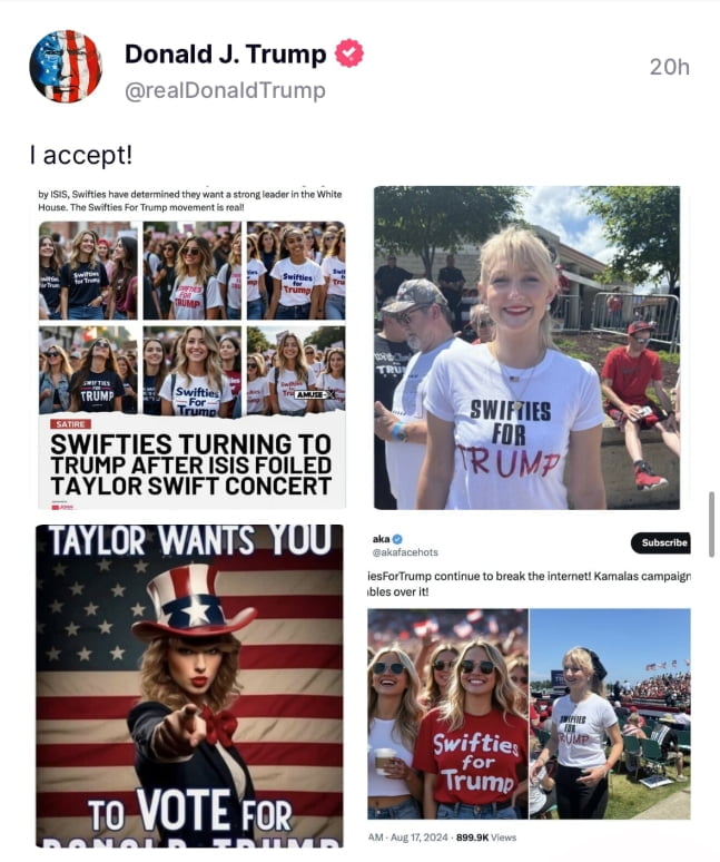 Fake photo of Taylor Swift's endorsement/Photo=Trump former president's SNS