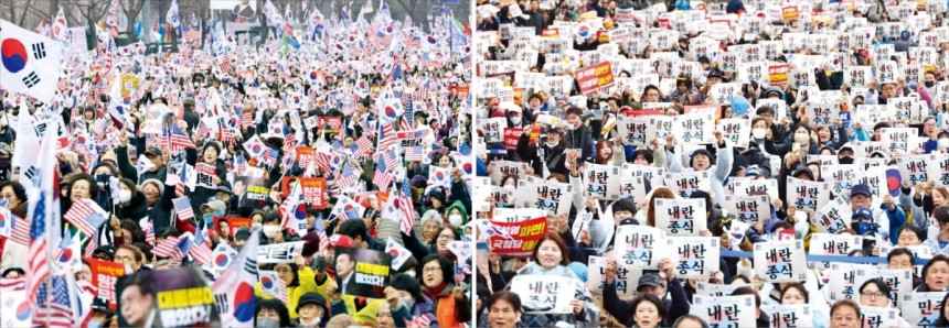 在一天的1日,Jongno -Gu(首爾)的總統彈imp和弊端被同時舉行。在舉行反對派的Gwanghwamun廣場上,Yoon Seok總統的支持者揮舞著Taegeukgi和條紋,並敦促解僱彈eachment(左圖)。憲法