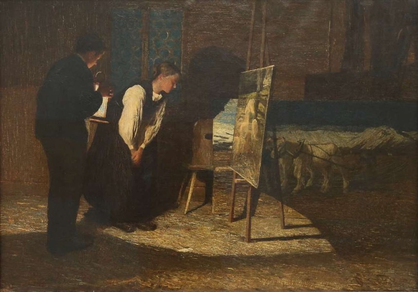 내 모델들(1888). 그림 속 두 아이는 세간티니의 아이다. 밤중에 몰래 그림을 들여다보다 그 속에 있는 자신들의 모습을 발견하고 그림에 친밀감을 느끼는 순간을 그렸다. 이는 그림 속에서 자신을 발견한 세간티니 자