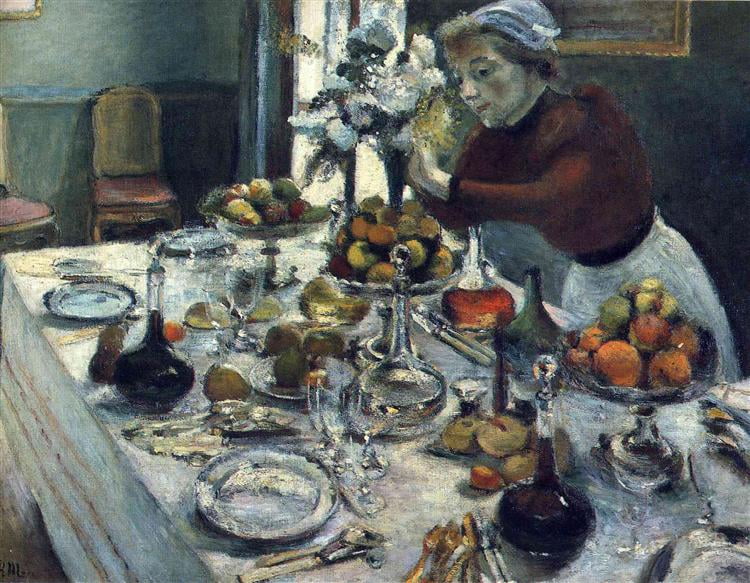 만찬 식탁(1897).발표 당시 부자연스러운 색채 때문에 비판을 받았지만,일각에서는 그의 색채 실험을 응원하는 목소리도 있었다./개인소장