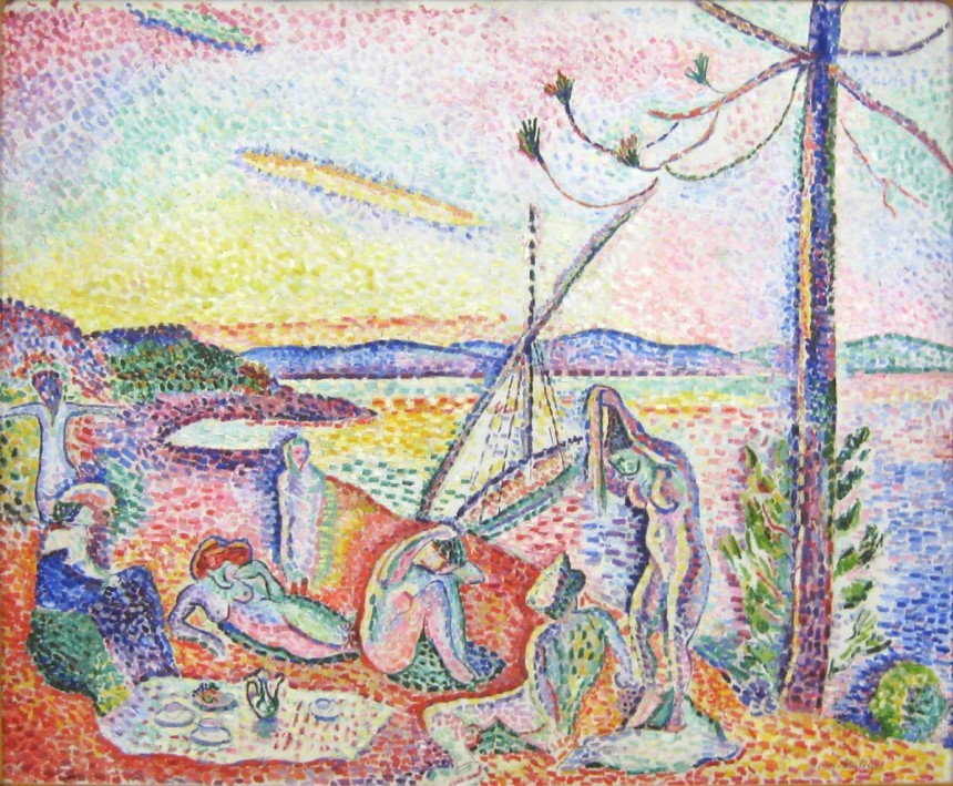 호사,평온,관능(1904).폴 시냐크의 영향을 받아 점묘법을 시험한 작품이다.특유의 색채 감각이 이때부터 드러난다./퐁피두센터