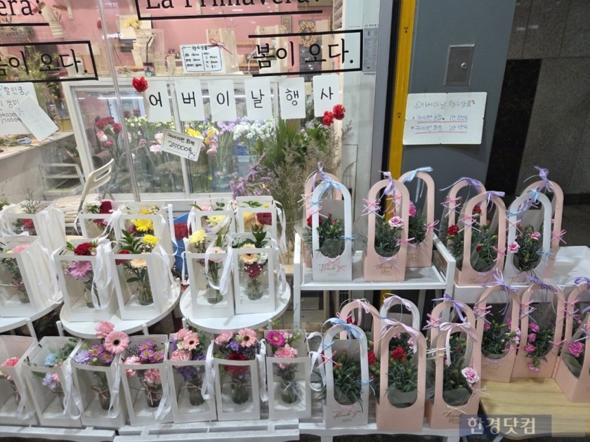 지난 8일 서울 성동구에 위치한 한 꽃집 매대에 카네이션이 진열돼있다./사진=박수림 기자