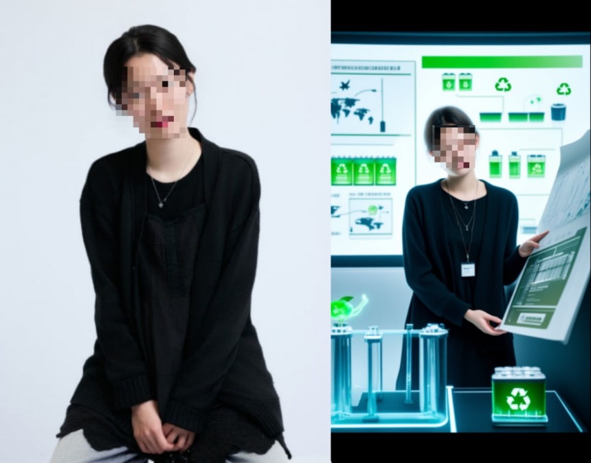 지난 7일 서울 마포구 KT플라자 홍대 애드샵 플러스의 'AI체험존'에서 찍은 AI 프로필 사진(왼쪽)과 AI가 그려낸 미래의 직업 모습이 담긴 사진이다.사진=박수빈 기자