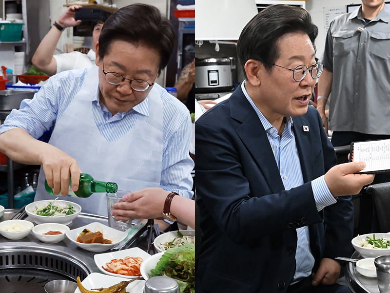 李<b>대통령</b>, 1대3 비율로 '소맥' 타줬다…시민과 '오겹살 외식'