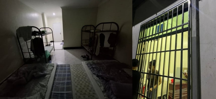 한국인들이 감금돼 보이스피싱 등 사기 범행에 투입되고 있는 캄보디아 시아누크빌의 한 범죄단지 내부 모습. 한국인이 머무르는 숙소(좌)와 굳게 닫힌 철문(우)./사진=독자 제공