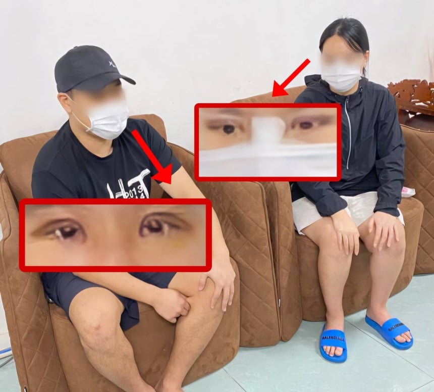 지난 6월 포착된 강씨·안씨 부부의 모습. 두 명 다 쌍커풀 수술을 받아 눈가가 부어 있고, 아내 안씨는 코에 붕대를 감은 모습이다./사진=독자 제공