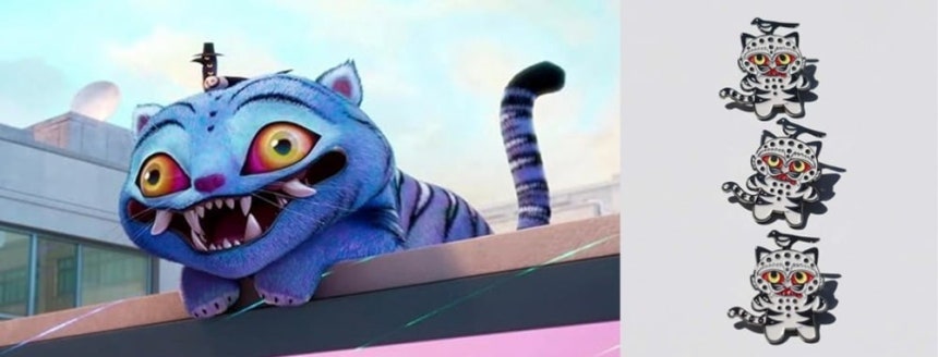 [좌] 넷플릭스 애니메이션 영화 <케이팝 데몬 헌터스> 스틸컷 / 사진출처.IMDb,[우] 국립중앙박물관 뮷즈 '까치 호랑이 배지' / 사진출처.국립박물관문화재단 뮤지엄숍