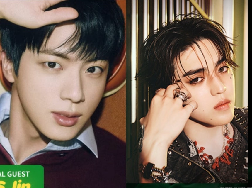 BTS 멤버 진(왼쪽)과 세븐틴 멤버 에스쿱스.두 아티스트는 하이브 자회사 드림에이지가 제작한 '인더섬 with BTS','퍼즐 세븐틴'을 게임하며 라이브 방송을 진행했다.사진=유튜브 갈무리