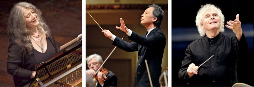 2026년 한국에서 공연하는 음악가들. 왼쪽부터 피아니스트 마르타 아르헤리치, 지휘자 정명훈, 지휘자 사이먼 래틀. 롯데문화재단·빈체로 제공