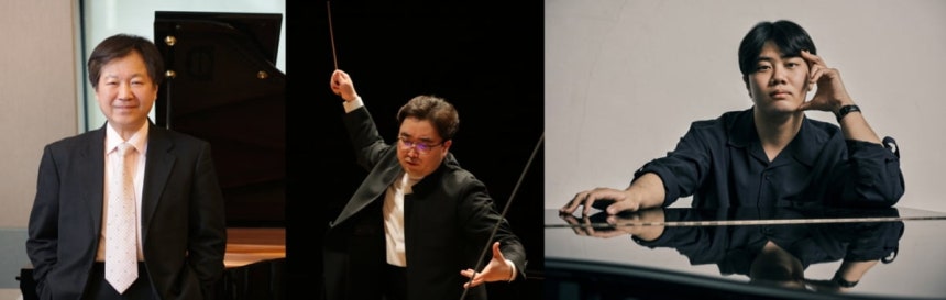 콘서트 가이드 김용배(왼쪽부터), 지휘자 김광현, 'M 아티스트'인 피아니스트 선율. / 사진출처. 마포문화재단.