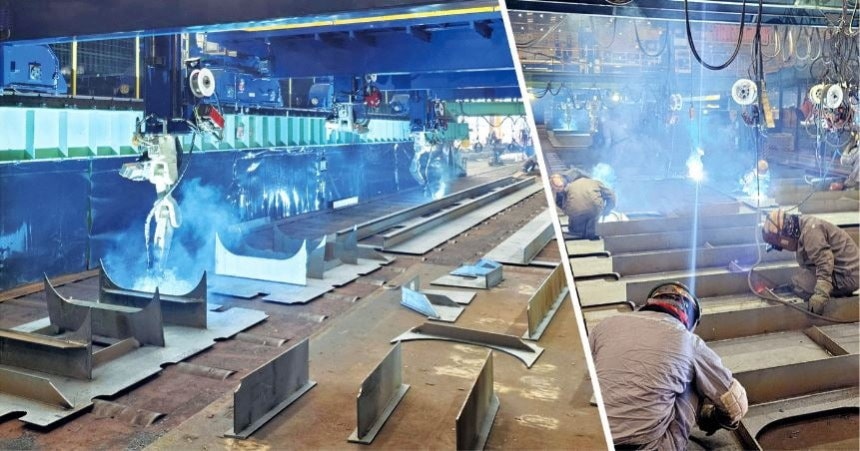 지난 9일 삼성중공업 경남 거제조선소 2야드 선각 공장에 설치된 로봇팔이 10여 개의 철판을 이어 붙이고 있다.바로 옆 작업장에선 직원 20여 명이 용접을 하고 있다.김우섭 기자