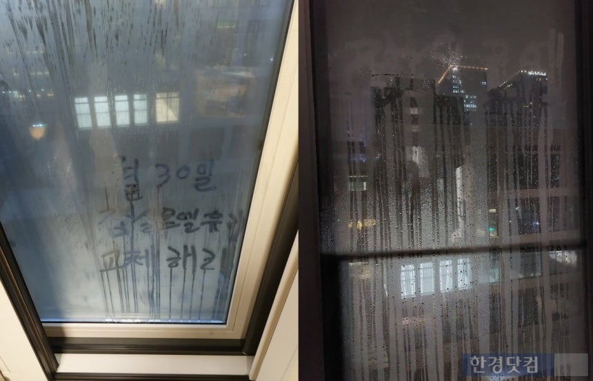 각 세대 내부 창문에 물이 흘러내리고 있는 모습/ 사진=잠실르엘(미성·크로바 재건축) 조합원 제공