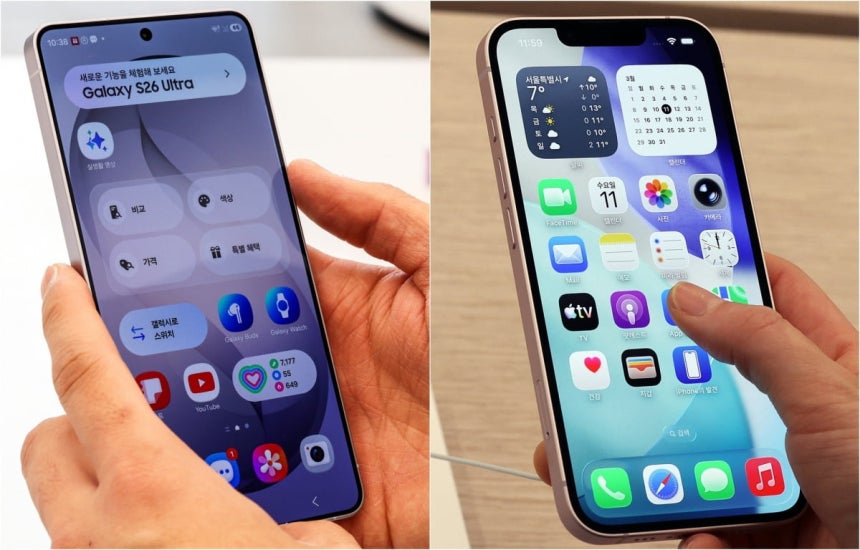 삼성전자의 프리미엄 AI 스마트폰 '갤럭시S26 시리즈'와 애플의 보급형 '아이폰 17e'.  /사진=뉴스1
