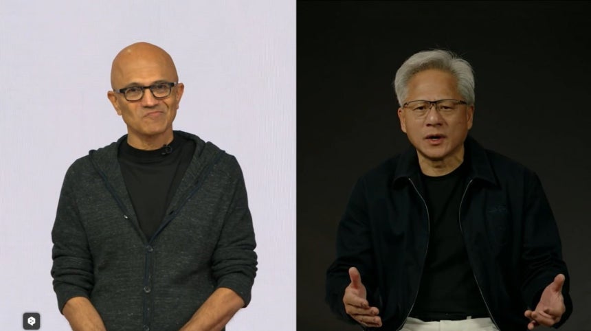 사티아 나델라 마이크로소프트(MS) 최고경영자(CEO)가 2일(현지시간) 빌드 컨퍼런스 중 대만 컴퓨텍스에 참가하고 있는 젠슨 황 엔비디아 CEO와 화상으로 대담하고 있다. /사진=MS