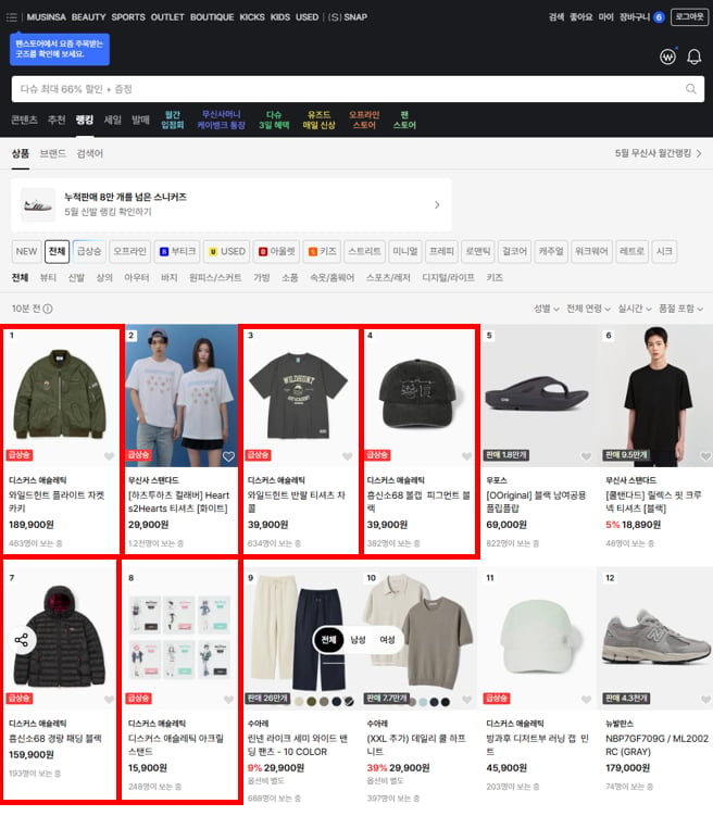 무신사 앱 전체 인기 상품에 블루 아카이브X무신사 협업 상품 5종이 10위권 안에 들어갔다. /사진=무신사 앱 갈무리