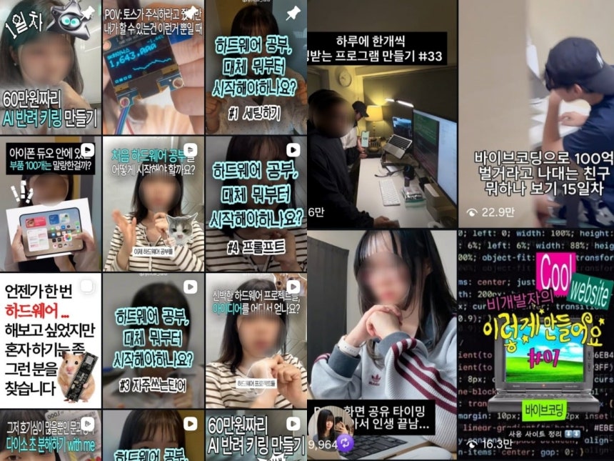 왼쪽부터 바이브코딩과 피지컬AI를 결합한 개발 콘텐츠를 올리는 '뼈문과생의 AI 도전기' 계정과 바이브코딩 콘텐츠를 올리는 계정 모음. /사진=인스타그램 갈무리