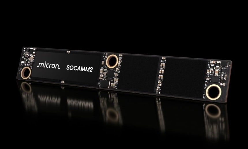 마이크론의 AI 데이터센터용 저전력 메모리 모듈 'SOCAMM2'.AI가 질문에 답하거나 정보를 처리할 때 필요한 데이터를 빠르게 저장하고 꺼내 쓰는 역할을 한다.LPDDR5X 기반으로 기존 서버용 메모리보다 높