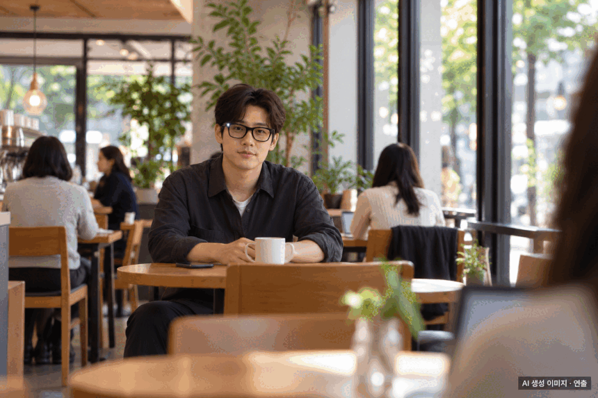 카페에서 카메라가 달린 AI 안경을 착용한 남성의 모습을 연출한 이미지. 안경 전면의 흰색 촬영 표시등이 깜빡이는 장면을 표현했다. /AI 생성 이미지