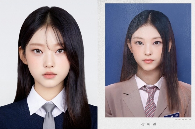 뉴진스 해린의 실제 증명사진(오른쪽)과 스노우 앱을 통해 만든 AI 증명사진(왼쪽). [인터넷 커뮤니티 갈무리]