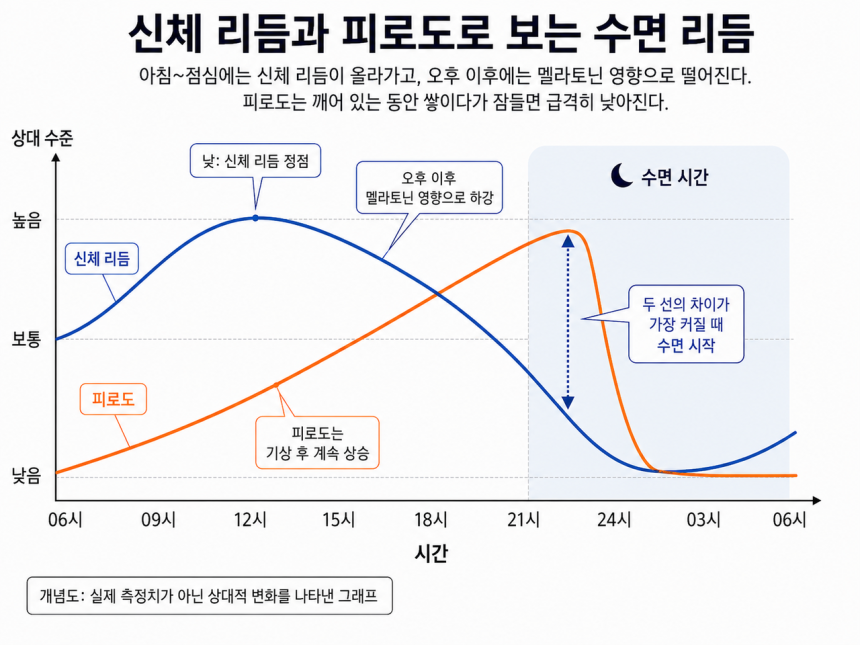 김동규 대한수면학회 홍보이사는 피로도는 아침에 깨면서부터 지속적으로 우상향하고, 신체리듬은 각성상태와 졸림상태가 순환하는 구조라고 설명했다. 그는 피로도 선이 가장 높아지고, 신체 리듬 선이 가장 낮아져 두 선의 간