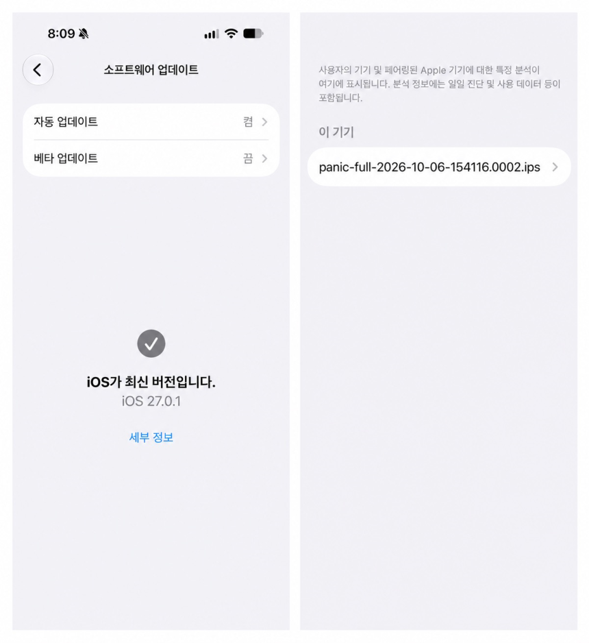 A씨가 헤럴드경제에 제보한 이미지.새 소프트웨어 iOS 27.0.1를 설치했음에도 패닉풀 현상이 이어지고 있다.[독자 제공]
