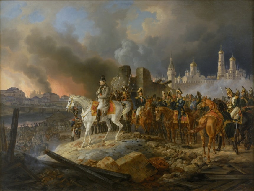 알브레히트 아담,크렘린궁을 떠나는 나폴레옹 1세,1840,캔버스에 유채,96x128cm,모스크바 크렘린 박물관 [Public Domain,commons.wikimedia.org]