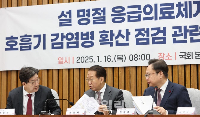 [포토]논의하는 <b>권영세</b>-<b>권성동</b>-조규홍, '설 명절 응급의료체계 점검'